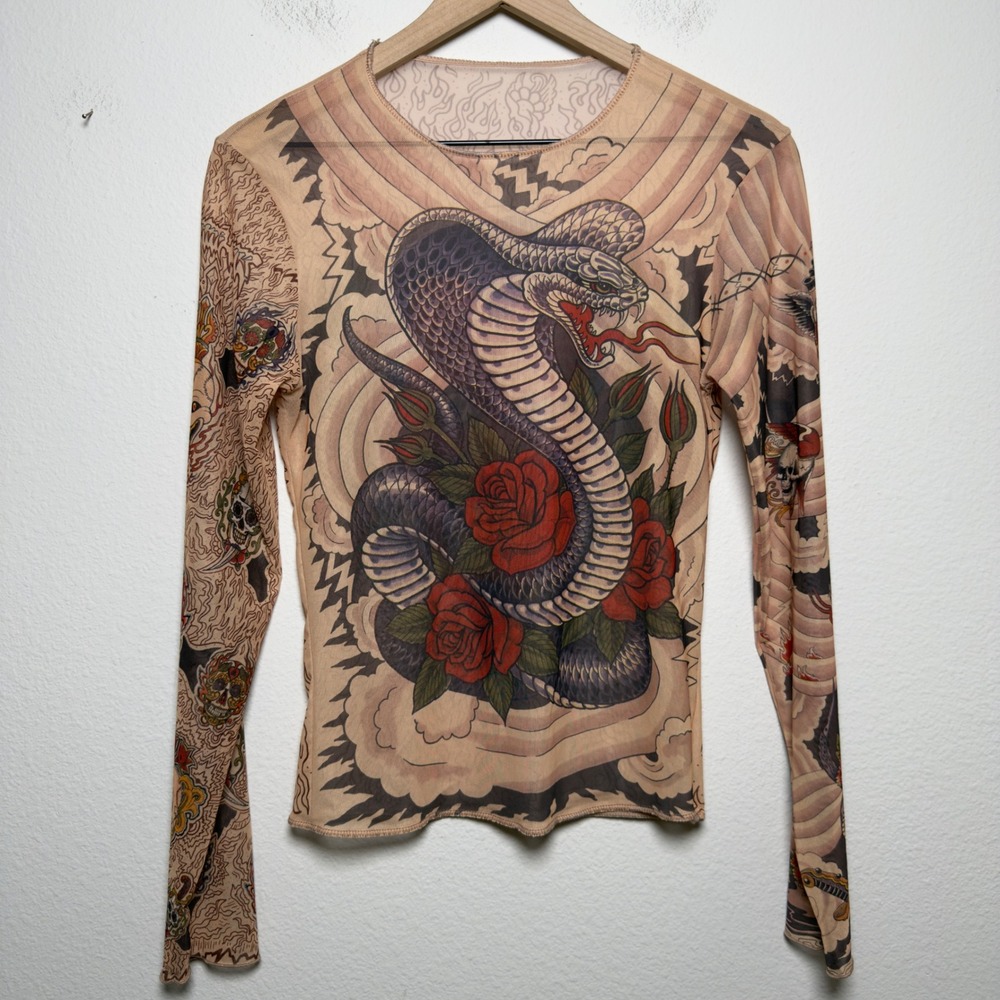 VTG Miami Ink Women Sheer Mesh Top Small Tan Snake Skull Tattoo Indie Grunge